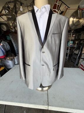 Silver Men's Satin Blazer with Black Satin Trim